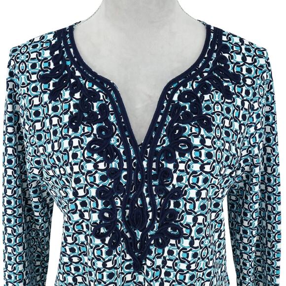 Pappagallo Top Womens Small Blue White Trimmed Neck Tunic Blouse Stretch Knit - Picture 7 of 13